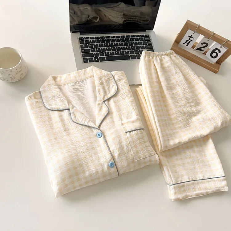 春秋季女睡衣学生开扣长袖长裤云朵棉套装休闲时尚可外出家居服