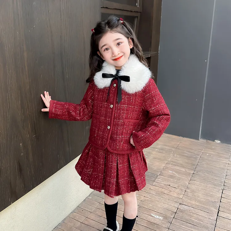 2024秋冬装小香风女童百褶裙加厚套装小女孩时髦拜年服红色两件套