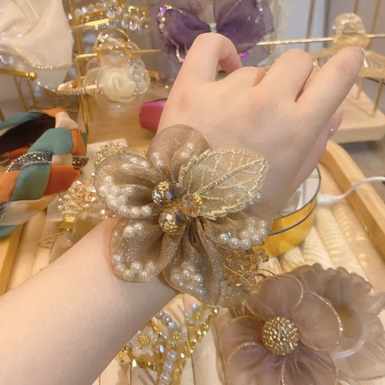 精致欧根纱米珠太阳花发圈头绳头花女扎气质头花