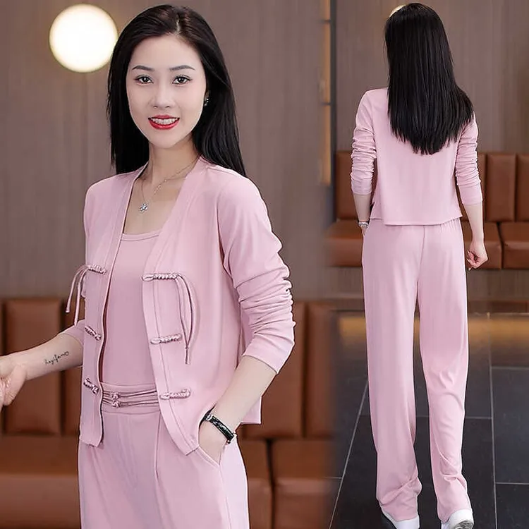 休闲运动套装女2024春秋新款洋气质国风盘扣开衫吊带阔腿裤三件套