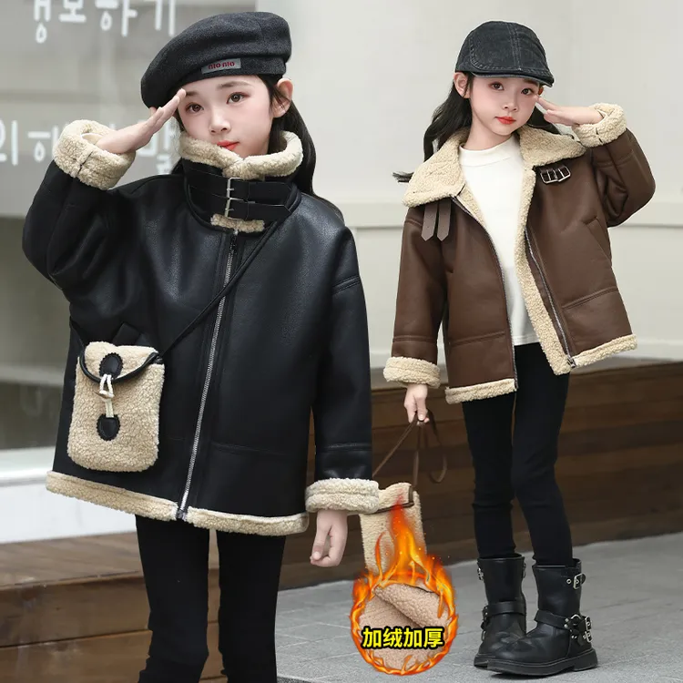 女童皮衣秋冬款加绒加厚韩版洋气儿童风衣女宝宝冬装皮毛一体外套