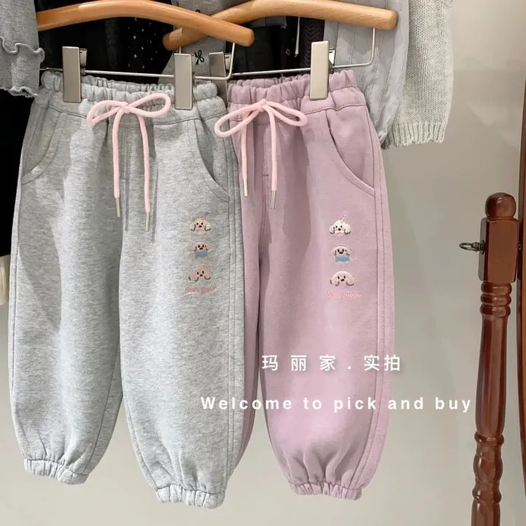 小朋友的卫裤!厚面料 秋冬新款韩国女童刺绣一体绒束脚休闲运动裤