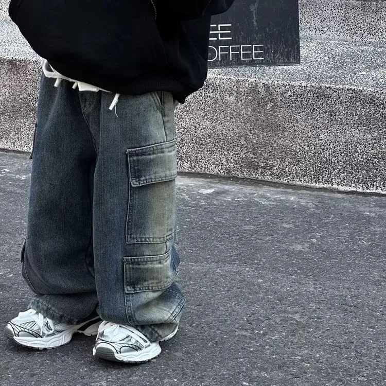 儿童工装牛仔裤2025男女童潮酷牛仔裤宝宝复古重工街舞直筒长裤韩