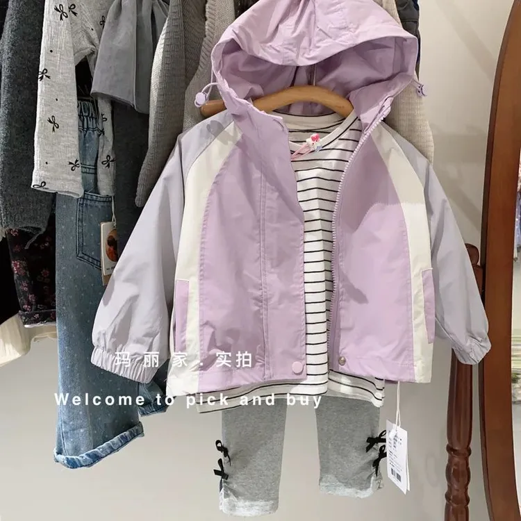 洋气拼色 实穿系列!2025春秋新款韩国女童冲锋衣洋气休闲连帽外套