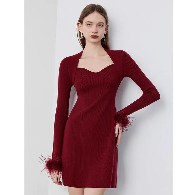 法式新年红色针织连衣裙女款秋冬小香风高级感气质小个子打底短裙