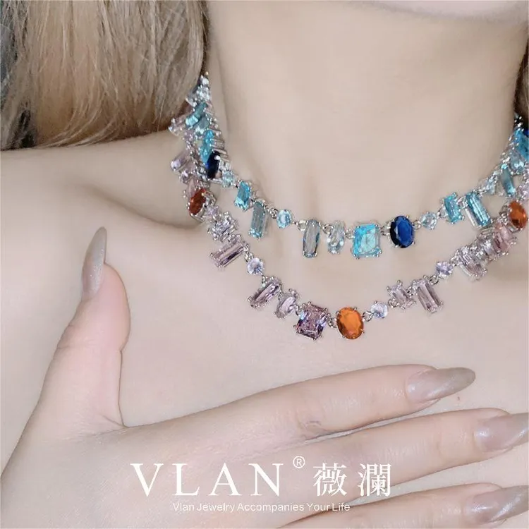 铜合金合成锆石项链 威尼斯不规则ins海蓝粉锆项链锁骨链女项链女