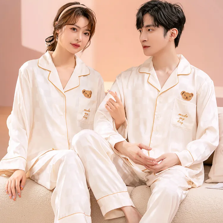 2套价情侣睡衣女款春秋款冰丝长袖可爱小熊新款夏季男士套装薄款