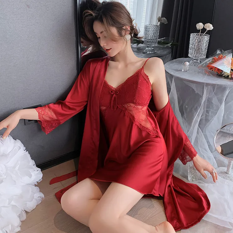 新款红色本命年性感睡衣女春秋薄款冰丝吊带睡裙袍夏季性感两件套