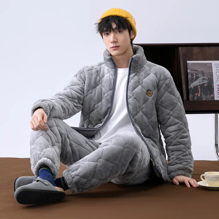 冬季睡衣男士三层加厚款冬天2024新款保暖夹棉袄珊瑚绒套装家居服