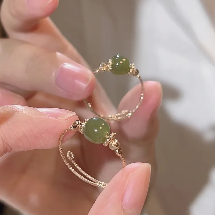 钛钢戒指 古风轻奢绿色转运珠戒指女款不掉色可调节百搭气质礼物