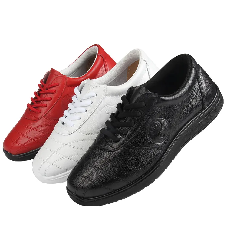 红棉太极鞋加厚功夫鞋牛筋底男女同款白色皮鞋运动软底防滑舒适