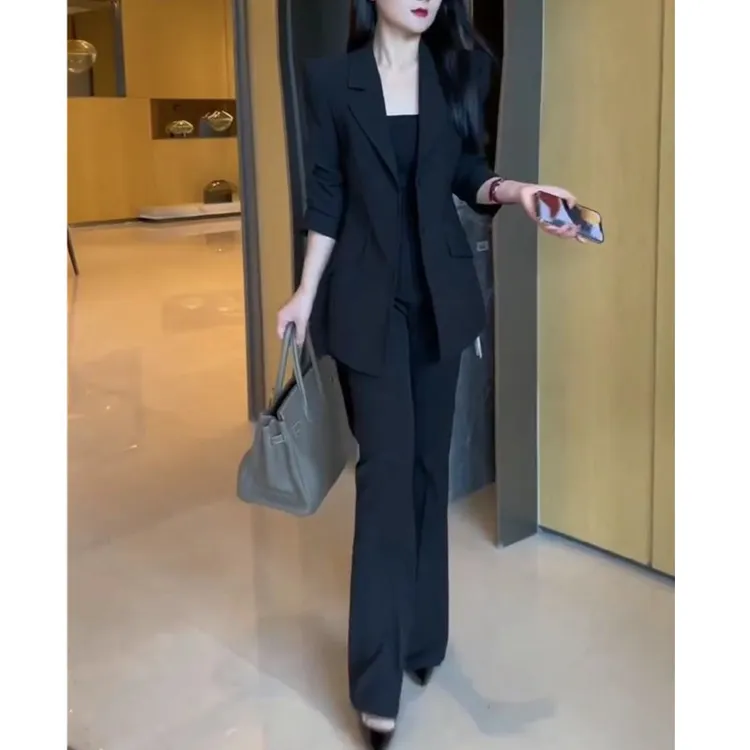 2024秋季新款御姐风套装修身外套+微喇裤女装
