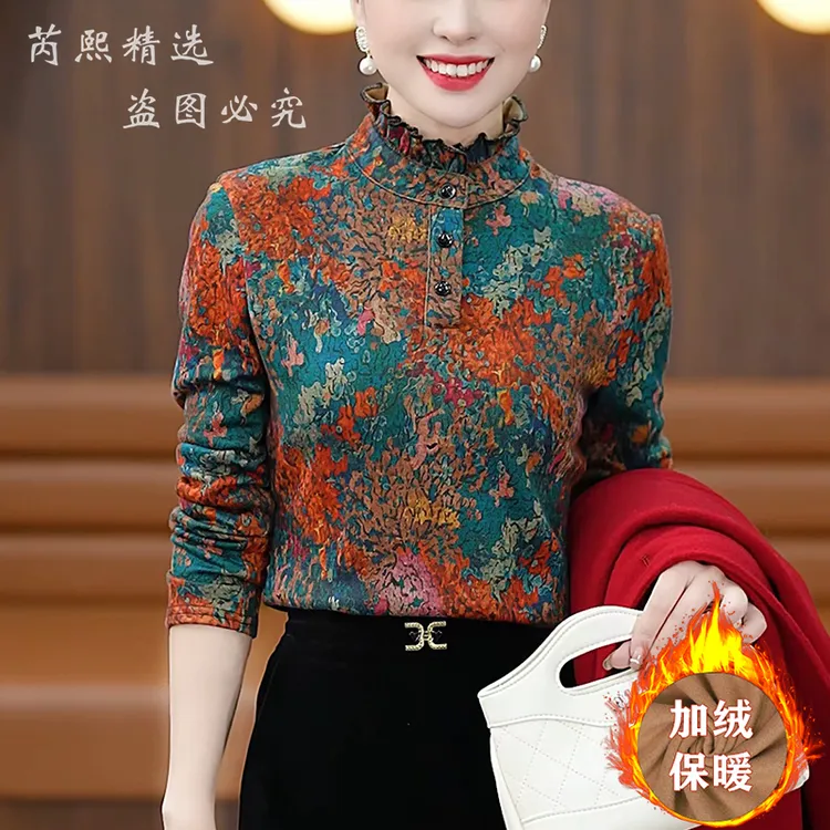2025秋冬季新款加绒妈妈装复古气质提花打底衫洋气显瘦百搭上衣女