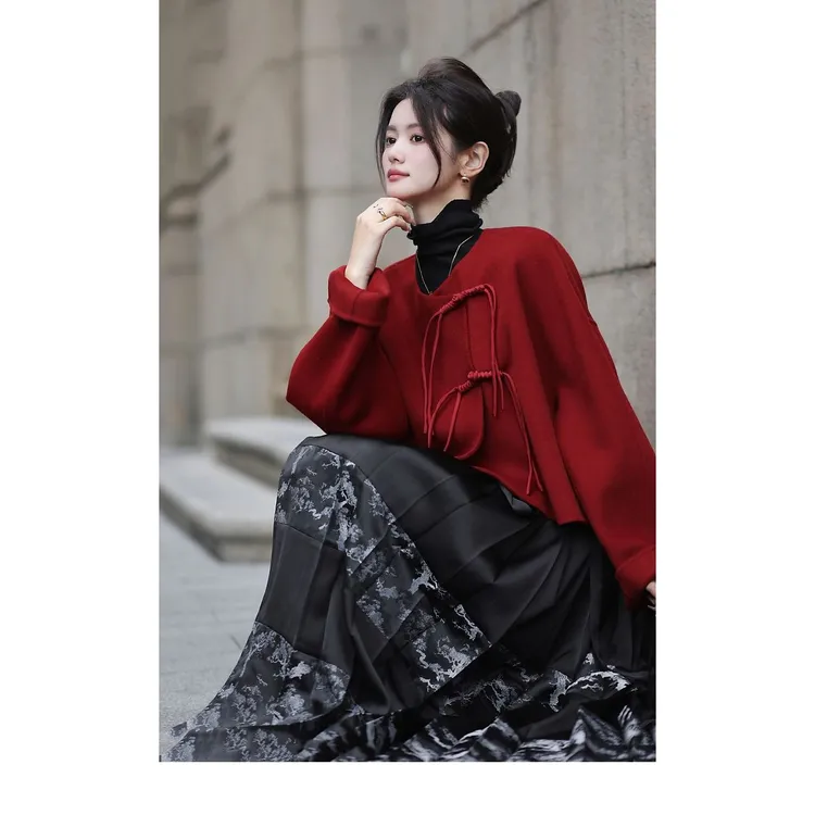 新中式国风红色盘扣毛呢外套订婚服女秋冬季2025新款新年战袍上衣