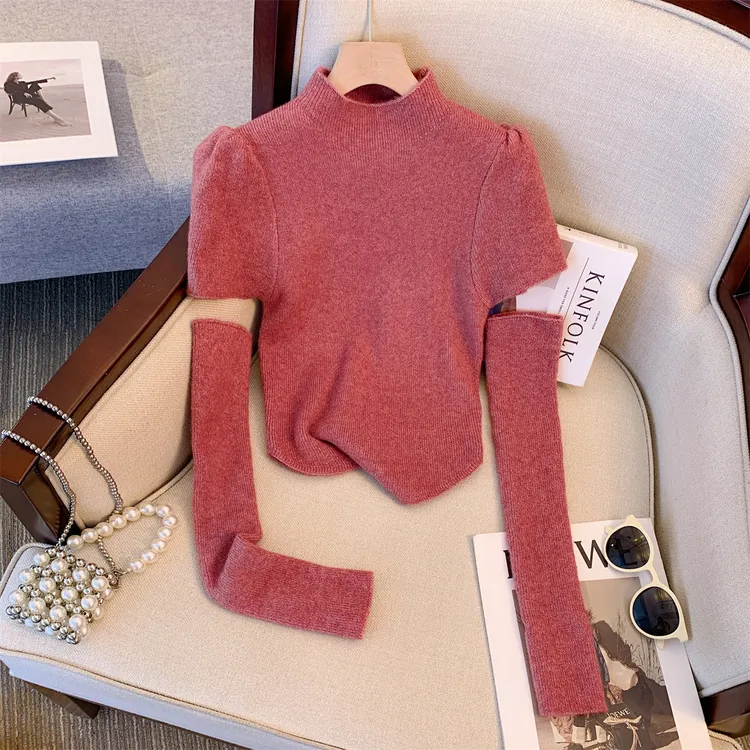 秋冬季半高领圆领针织衫女2023时尚秋季修身打底衫设计感长袖上衣