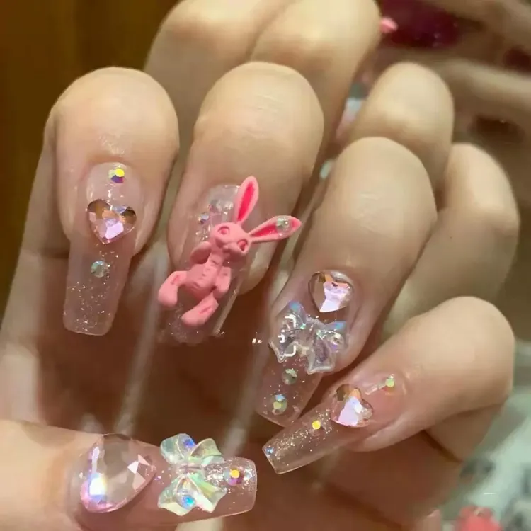 【暴力兔】光疗美甲成品甜酷可爱少女蝴蝶结兔子可拆卸穿戴甲片