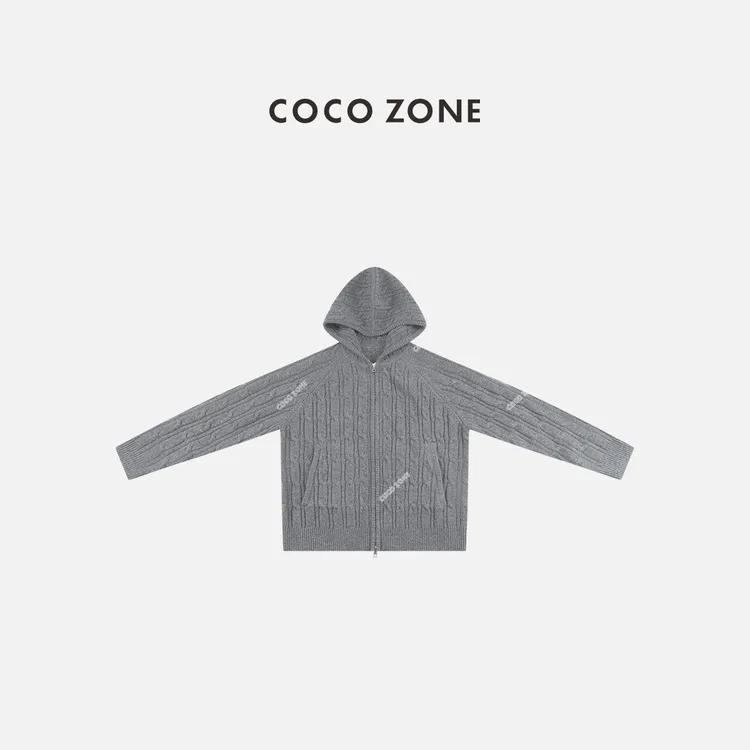 COCO ZONE 刘一一 “温暖壁炉”100绵羊毛复古连帽针织开衫CC1D2393