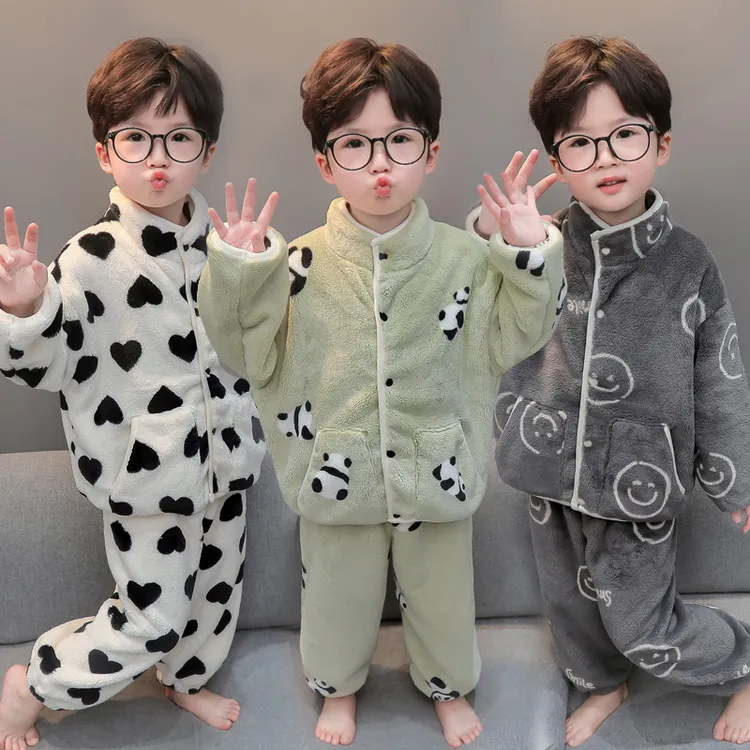 男童睡衣珊瑚绒秋冬款2025新款加厚男孩宝宝熊猫法兰绒儿童家居服
