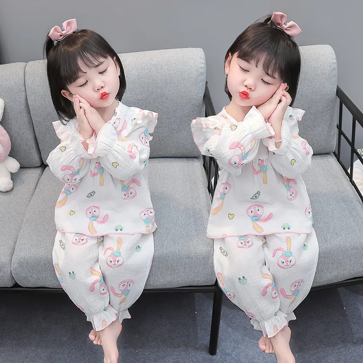 春秋新款长袖卡通兔子睡衣套装童装女宝宝纯棉家居服薄款100%全棉