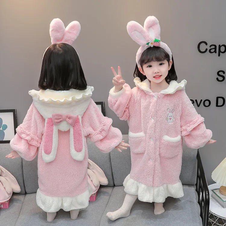 女童连体睡衣秋冬季法兰绒加厚珊瑚绒儿童家居服宝宝睡裙女孩睡袍