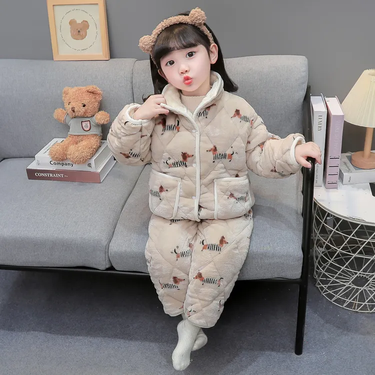 儿童法兰绒睡衣男女童卡通家居服套装三层夹棉加厚保暖冬装两件套