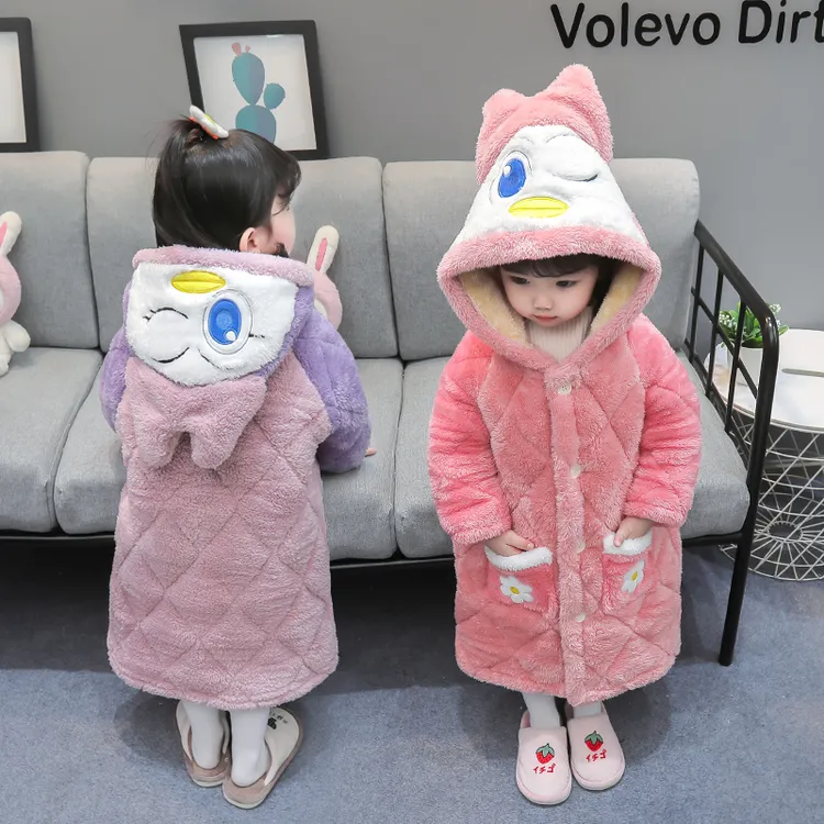 儿童冬季三层夹棉加厚睡袍女孩珊瑚绒睡衣女童法兰绒长款保暖浴袍
