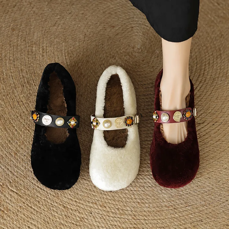 手工女鞋~软底瓢瓜豆豆鞋冬季毛绒平底时尚休闲保暖浅口女毛毛鞋