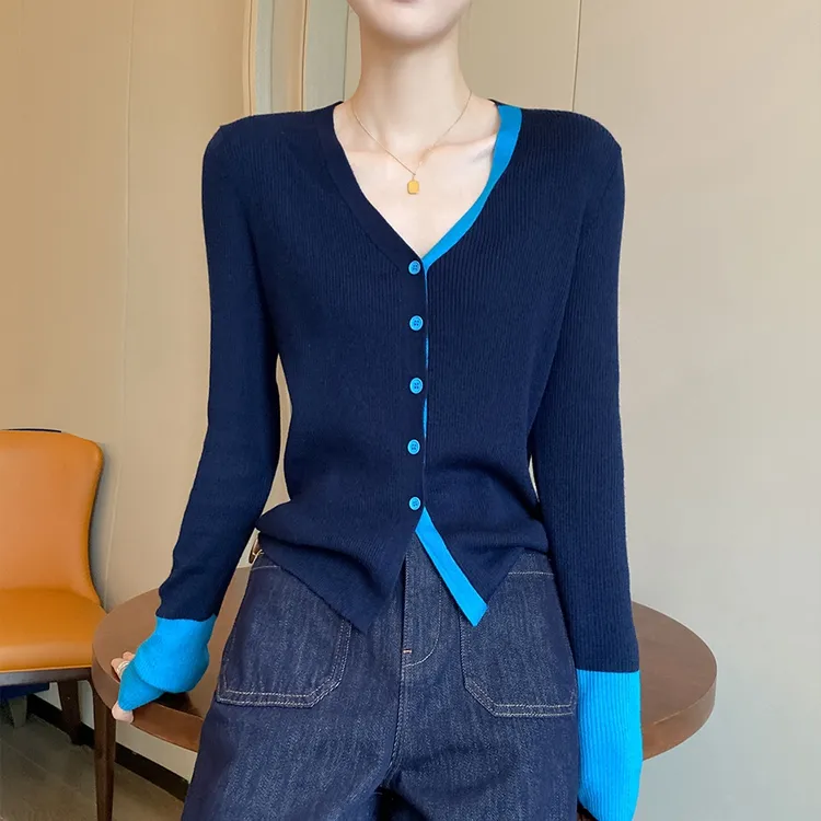 洋气蓝色V领撞色拼接长袖打底针织开衫秋季女装气质毛衣外套上衣