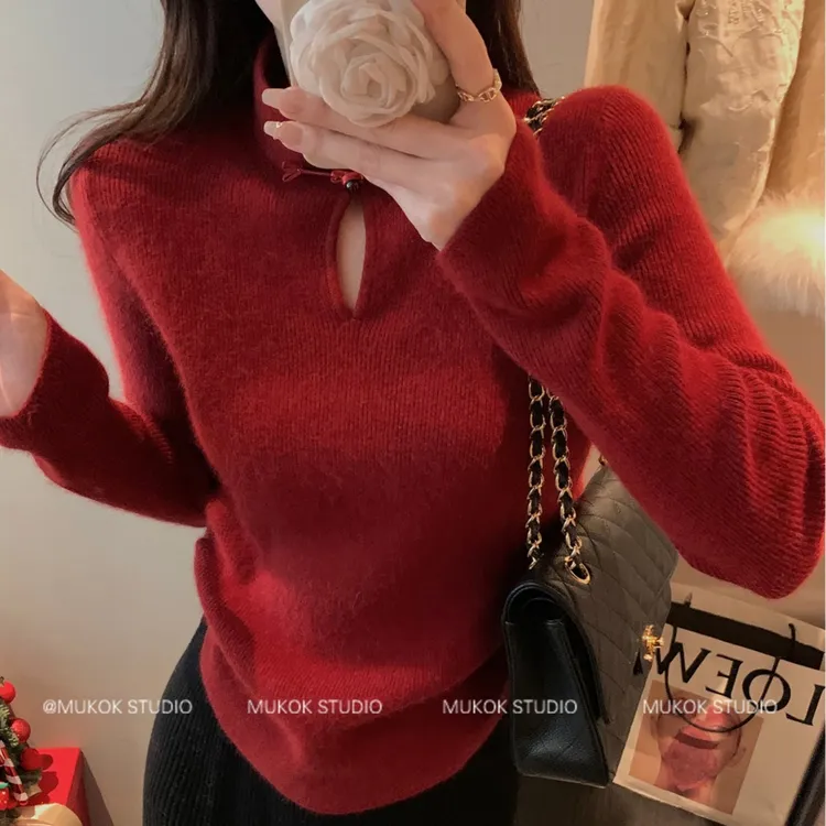 秋冬外穿洋气国风中式立领打底内搭红色毛衣女盘扣显瘦针织衫上衣