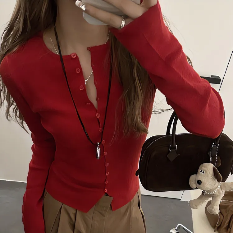 秋季女装洋气红色开衫毛衣外套长袖针织衫外搭多扣设计感修身上衣