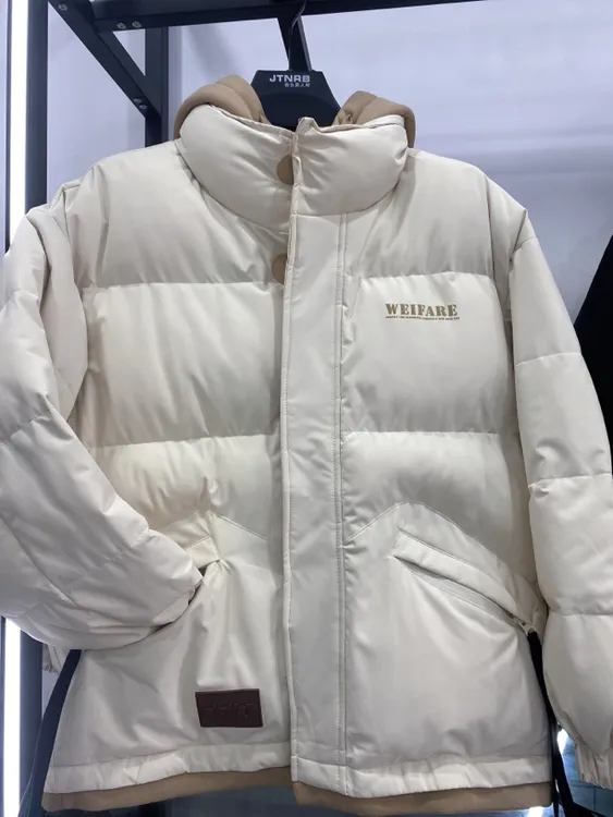 街头男人帮冬季潮流男士新款假两件连帽棉服 带面抽 斜口袋设计