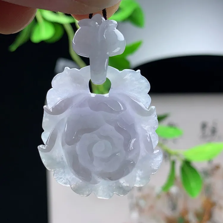 优惠缅甸纯天然翡翠A货老坑料粉紫色牡丹花开富贵吊坠精雕高贵