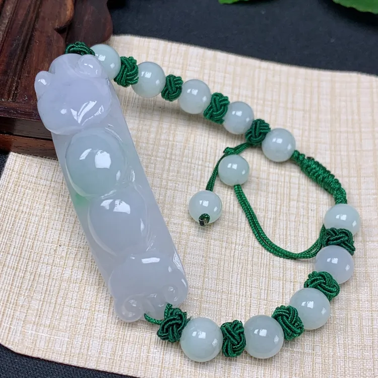 缅甸天然翡翠A货手工编织款圆润飘绿花吉祥如意挂件手牌精雕百搭