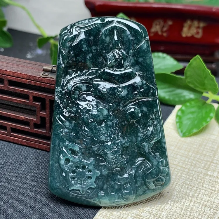优惠纯天然A货翡翠蓝色雪花棉无相佛心诚则灵吉祥守护神吊坠送礼