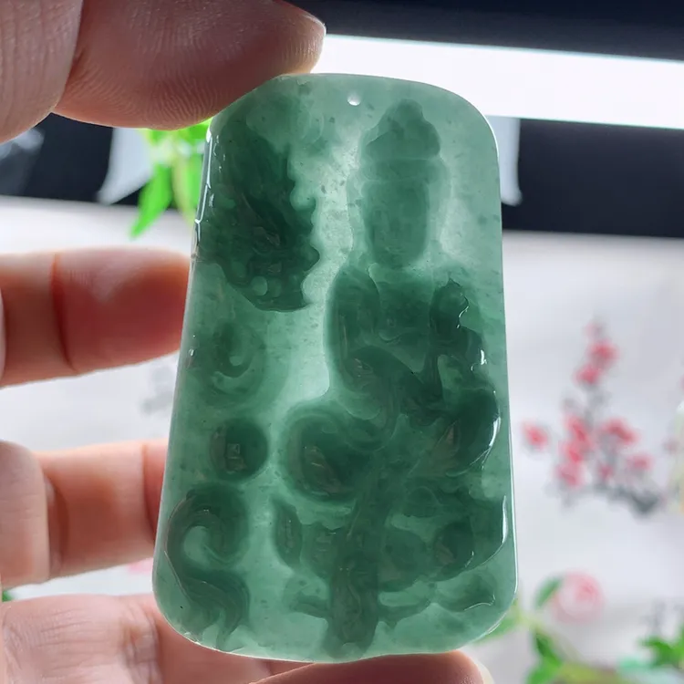 优惠翡翠纯天然A货蓝绿色雪花棉守护神御龙观音菩萨吊坠