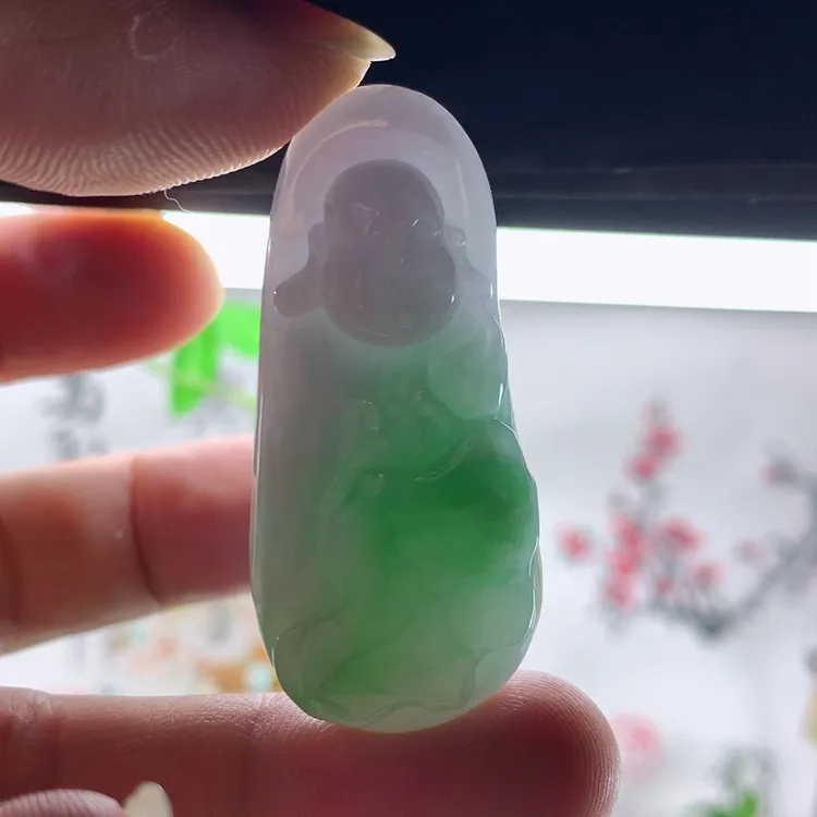 优惠缅甸纯天然翡翠A货老坑飘花阳绿色守招财进宝佛公吊坠挂件