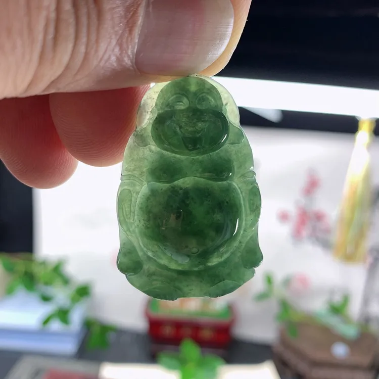  缅甸纯天然翡翠A货玉佩玉器玉牌深绿色老坑笑口常开大肚佛公吊坠