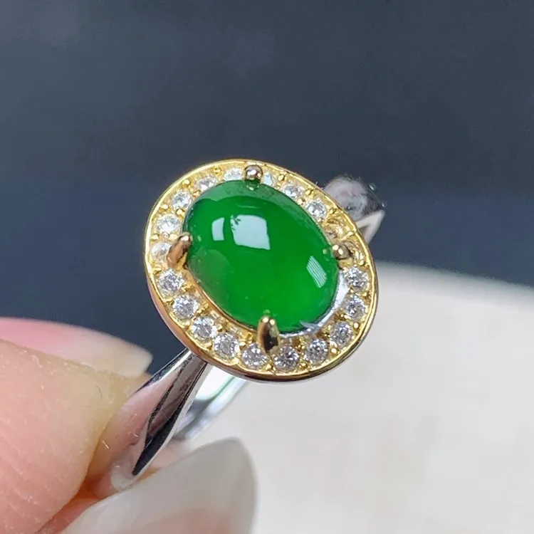 优惠纯天然A货翡翠925银托镶嵌冰种绿色戒指满绿女款精美豪华时尚