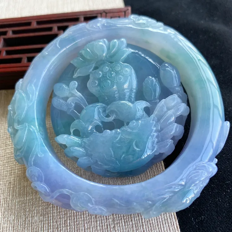 圈口56手镯吊坠雕花紫色绿色冰种玉镯缅甸纯天然A货翡翠套装手镯
