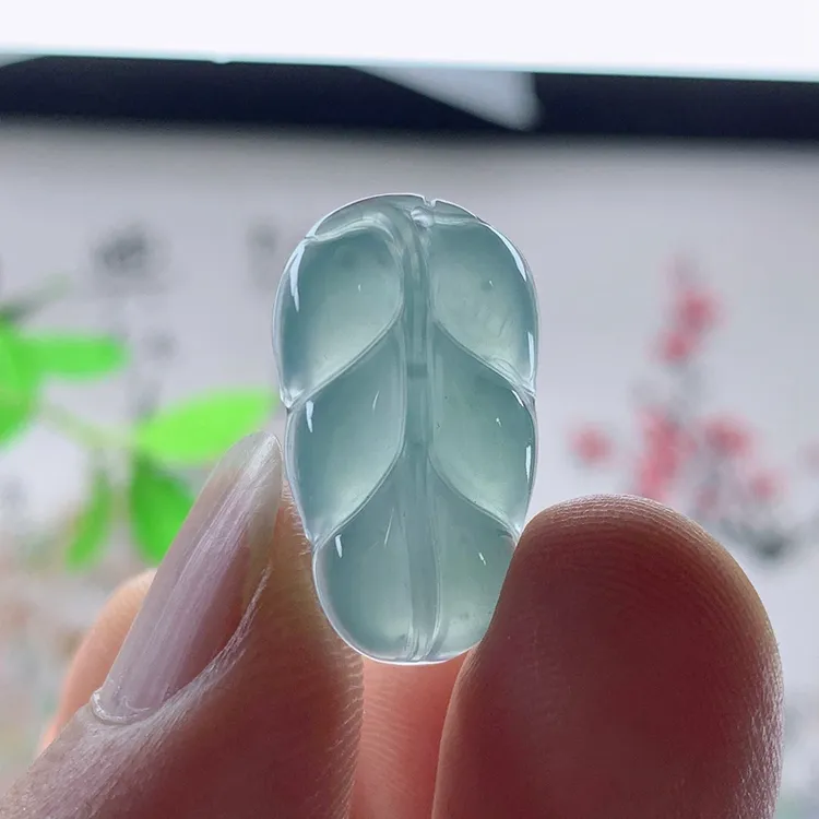 优惠纯天然A货翡翠蓝色雪花棉老坑冰种金枝玉叶迷你版树叶吊坠
