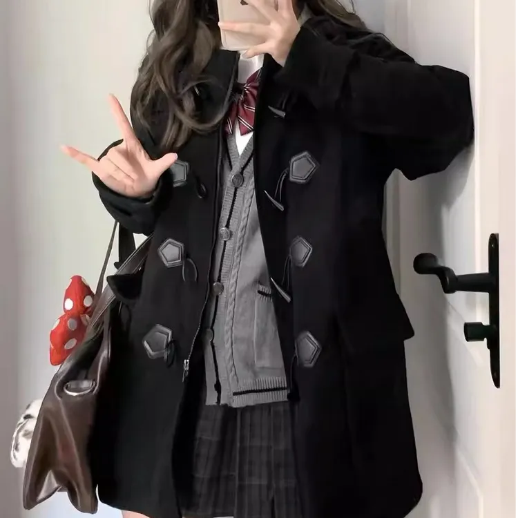 JK制服牛角扣大衣女冬季日系学院风连帽毛呢外套女小个子秋冬外套