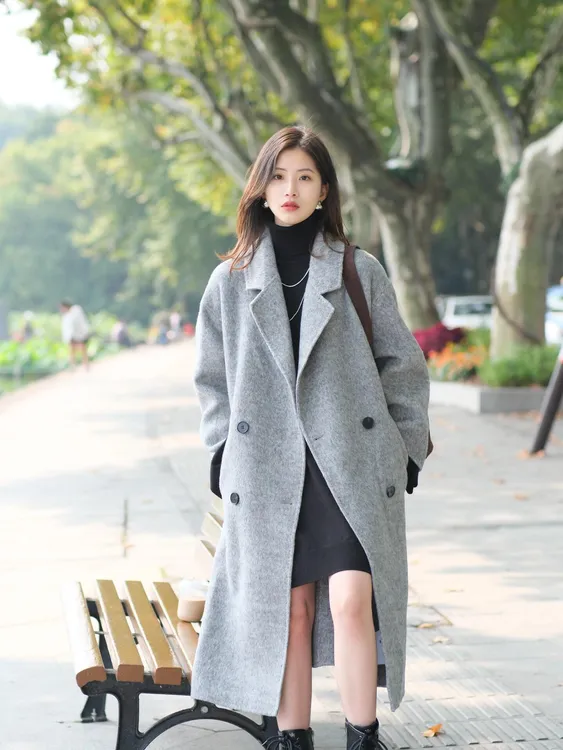 灰色毛呢外套女秋冬季韩系中长款高级羽绒感毛呢大衣女秋冬高级感