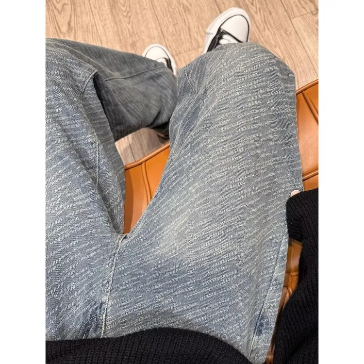 2024春秋新款流星纹理阔腿牛仔裤男美式显瘦直筒复古垂感拖地裤