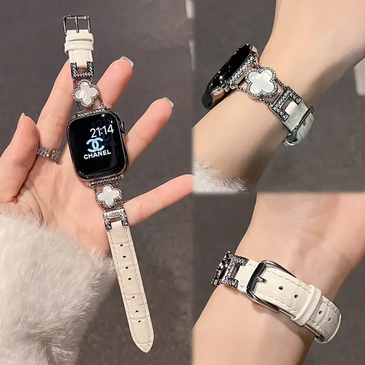 适用iwatchS9表带秋冬S10四叶草拼真皮苹果手表7皮质S8时尚Se女款
