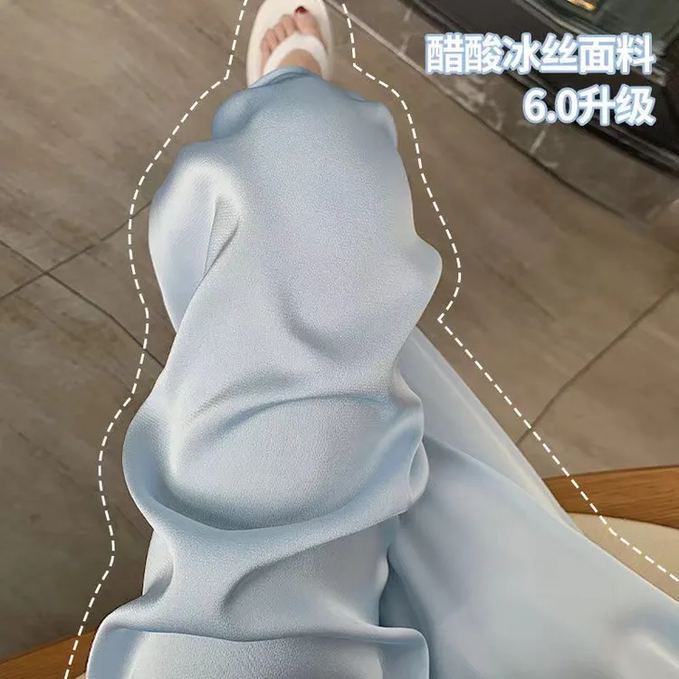 夏季薄款显瘦蓝色醋酸胖MM女夏百搭冰丝休闲长裤