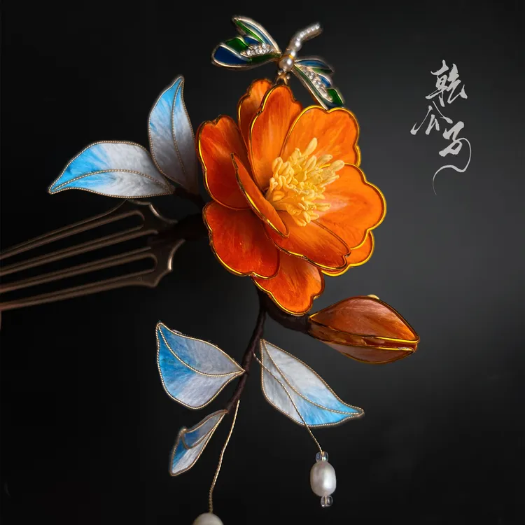 桔色日常简约绒花古风掐丝发簪唐风步摇发饰百搭配饰品中国风簪子