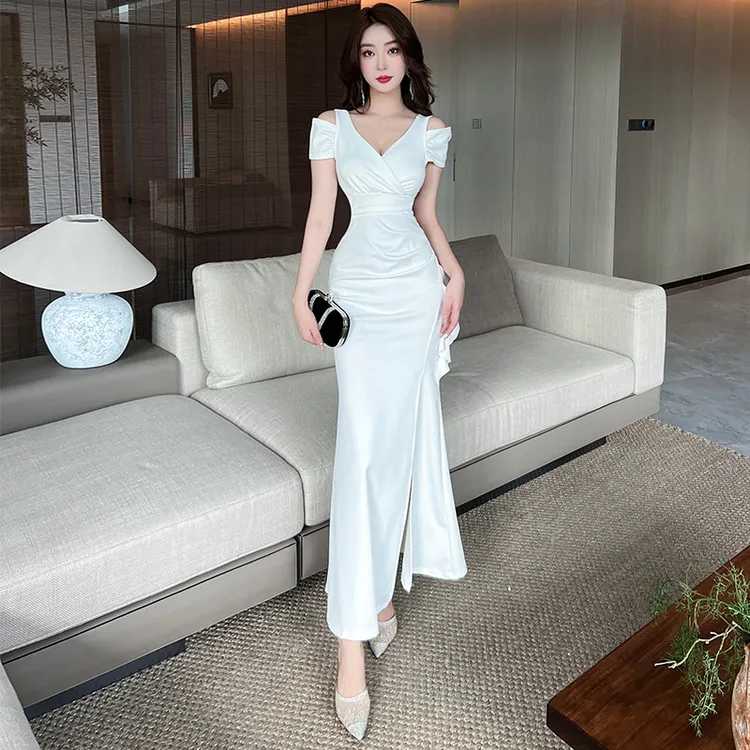 性感长款高开叉短袖V领晚礼服连衣裙名媛夜总店上班衣服工衣长裙