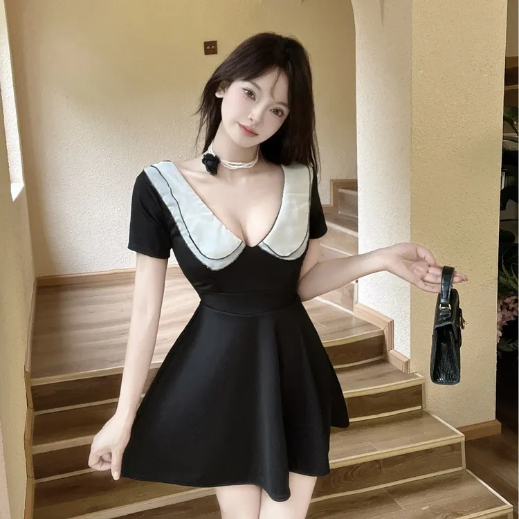 夜总会连衣裙撞色翻领大摆女装足疗桑拿技师工作服夜场上班裙子女