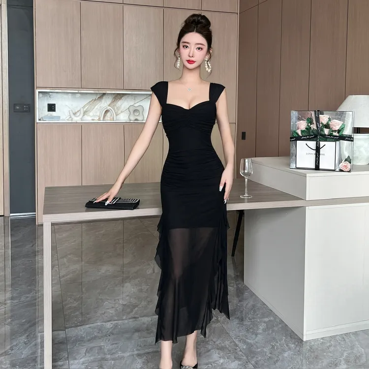 高级感气质夜场女装性感网纱半透褶皱长裙绝美打底宴会礼服连衣裙