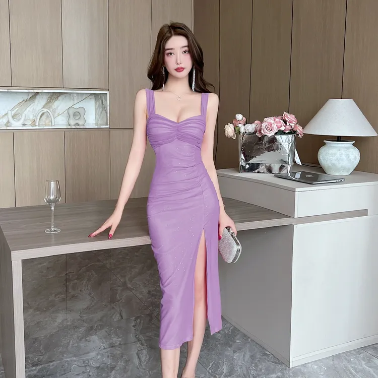 夜店纯欲性感网纱吊带连衣裙女高级感高端宴会气质开叉礼服长裙子